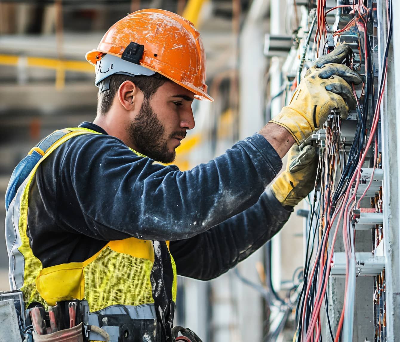 Electrician in an orange hard hat and safety vest working on electrical wiring.