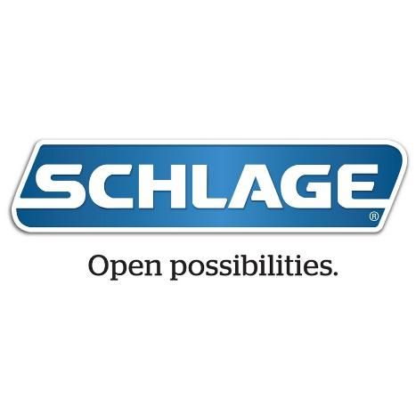 Schlage logo: White text on blue rectangle, "Schlage" and slogan "Open possibilities."