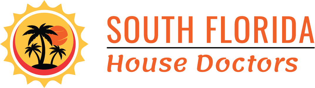 South Florida House Doctors logo with orange sun, black palm trees, and orange text on white background