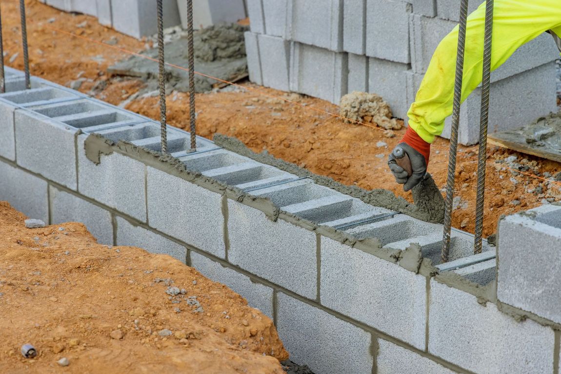 A worker in a high-visibility yellow shirt applies mortar to a concrete block foundation wall at a construction site.