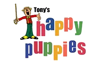 The logo for tony 's happy puppies shows a man holding a stick.