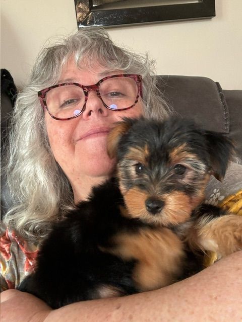 A woman wearing glasses is holding a puppy in her arms.