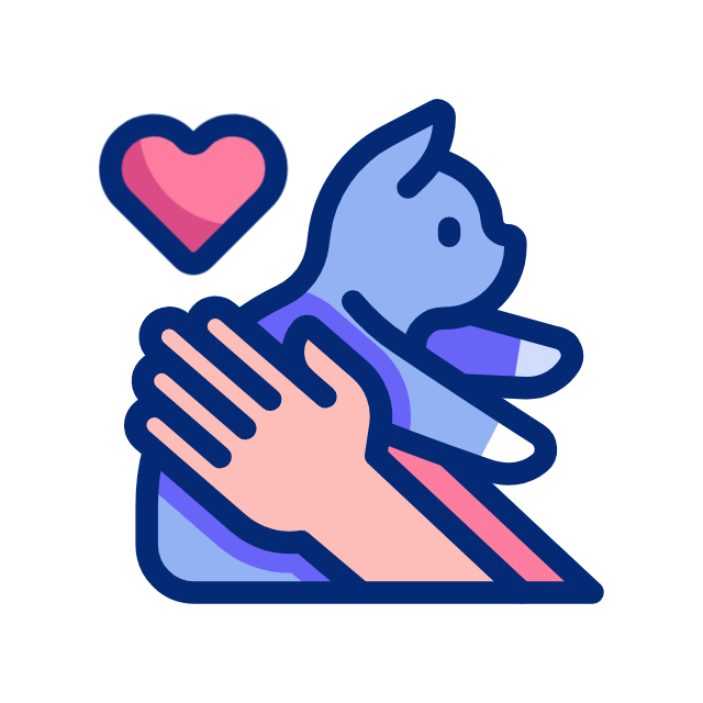 Hand cradles a blue cat with a pink heart above.
