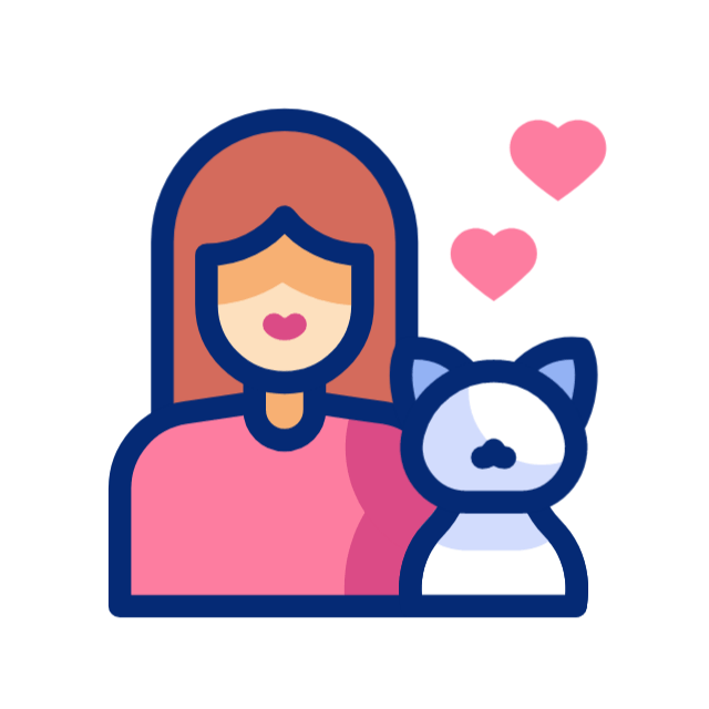 Woman with cat, pink hearts floating above.