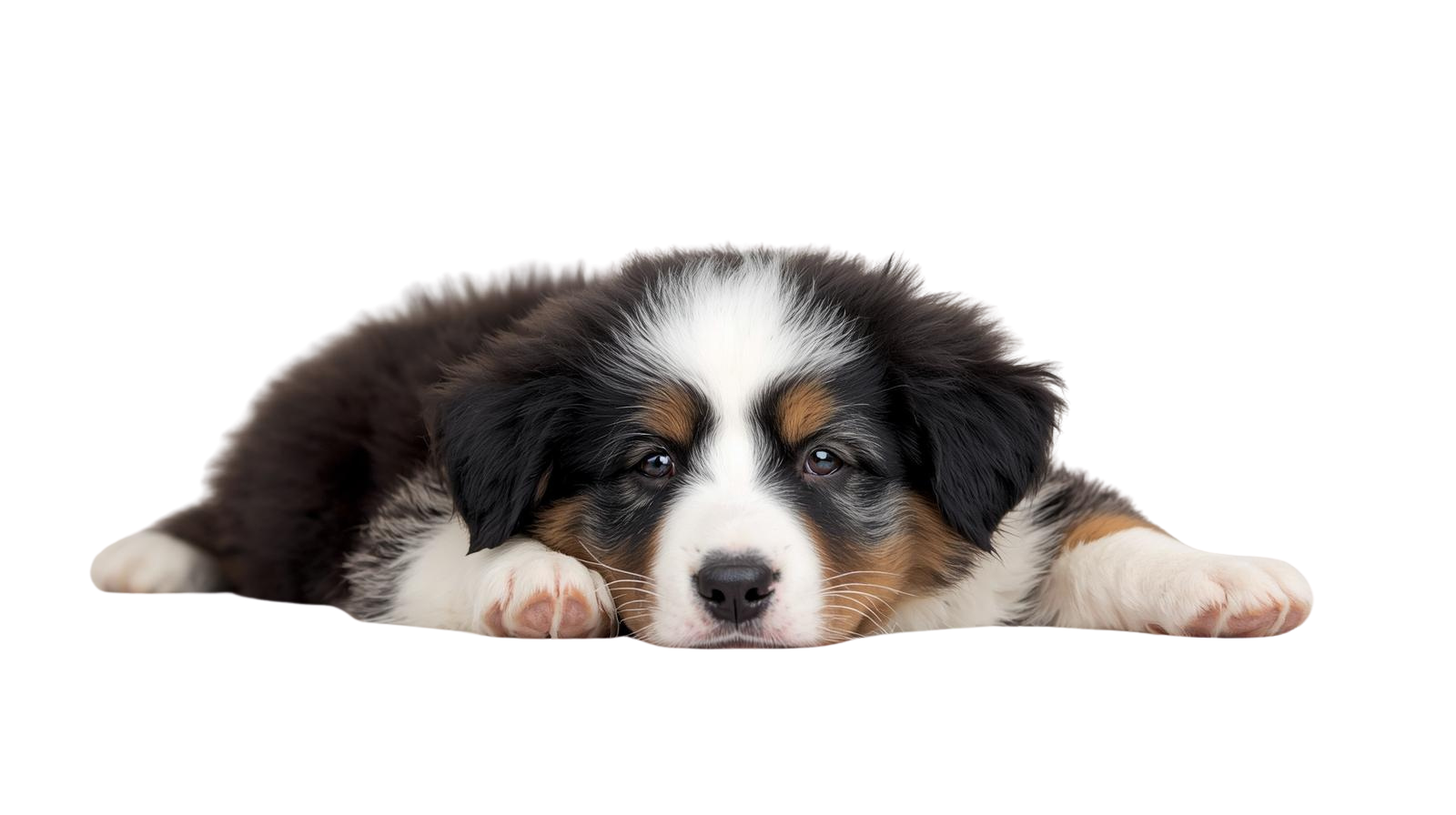 Puppy with black, brown, and white fur, lying down with paws outstretched, looking at the viewer.