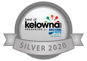 Best of Kelowna 2025 Silver award badge with grey ribbon and blue-red logo