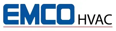 A blue and white logo for emco hvac