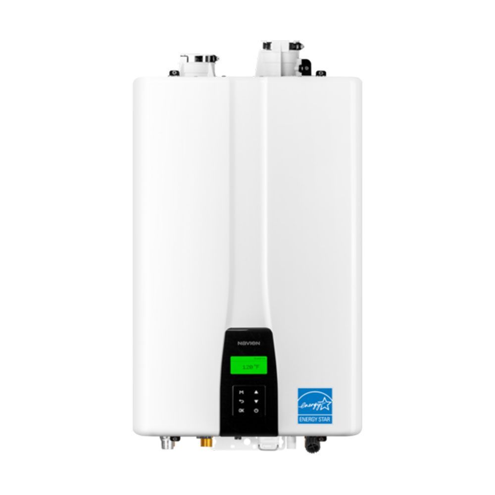 A white water heater with a green screen on a white background.