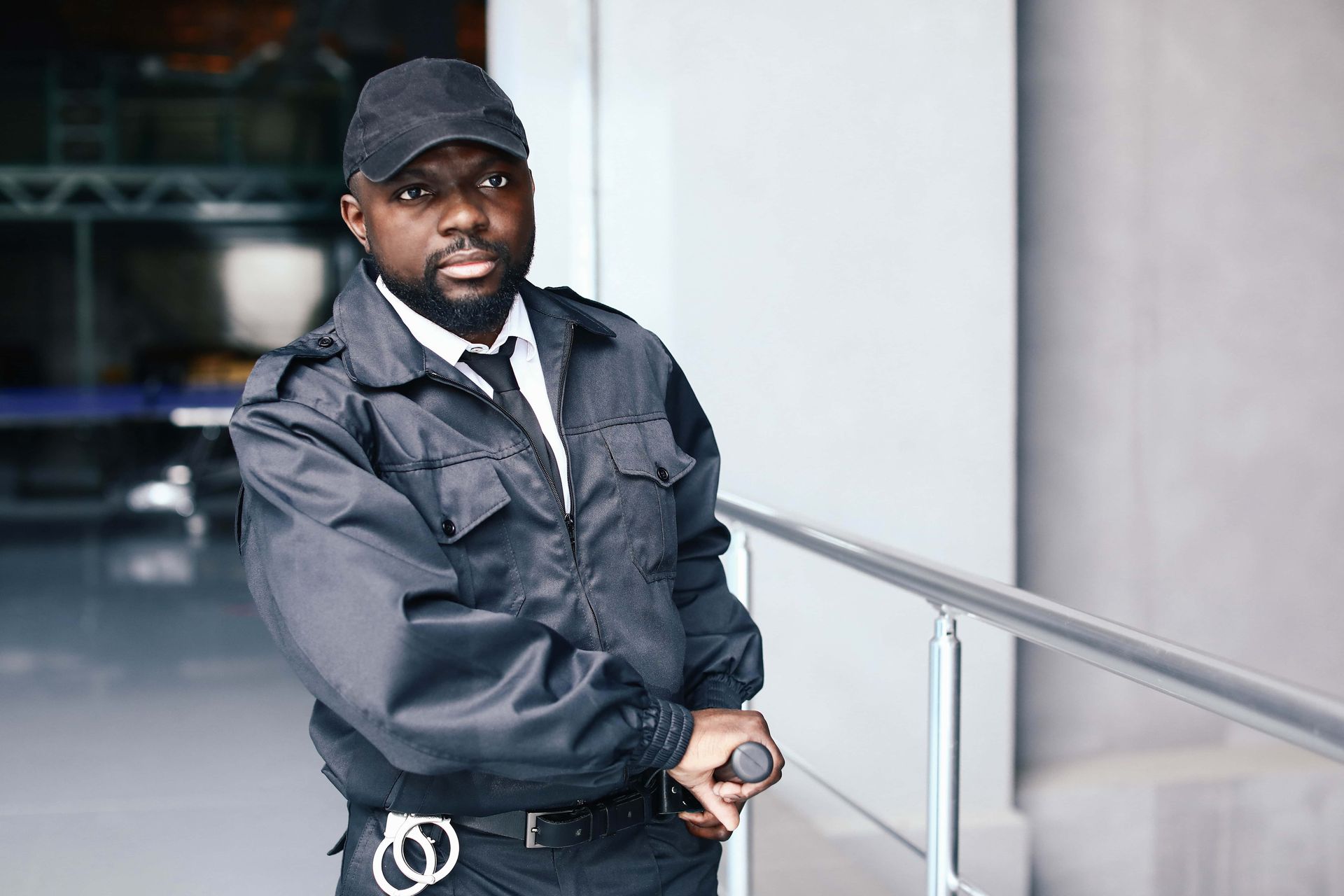 Man in dark jacket and cap leaning on a railing in a modern corridor