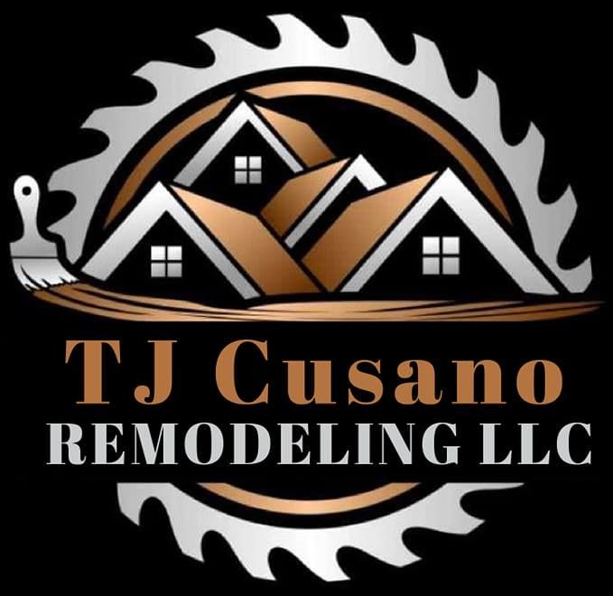 Logo for TJ Cusano Remodeling LLC: houses with saw blade and paintbrush in a circular design.