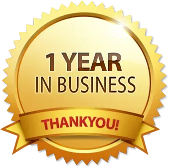 Gold anniversary badge reading “1 YEAR IN BUSINESS” with a “THANK YOU!” ribbon