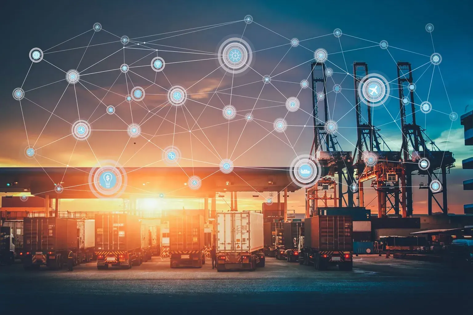 Sunset cargo port with containers, cranes, and digital network icons overlaying the scene