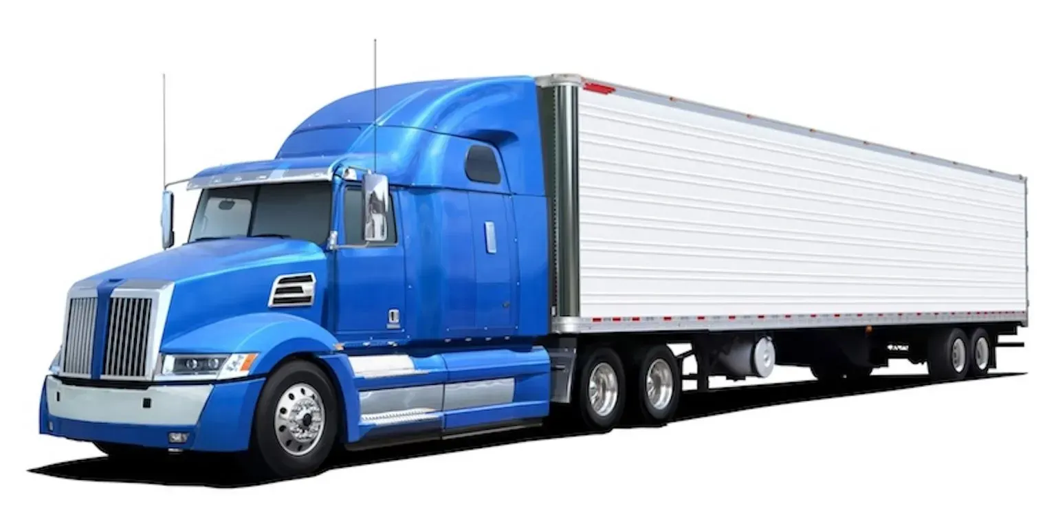 Blue semi-truck with a silver trailer, side view isolated on white background