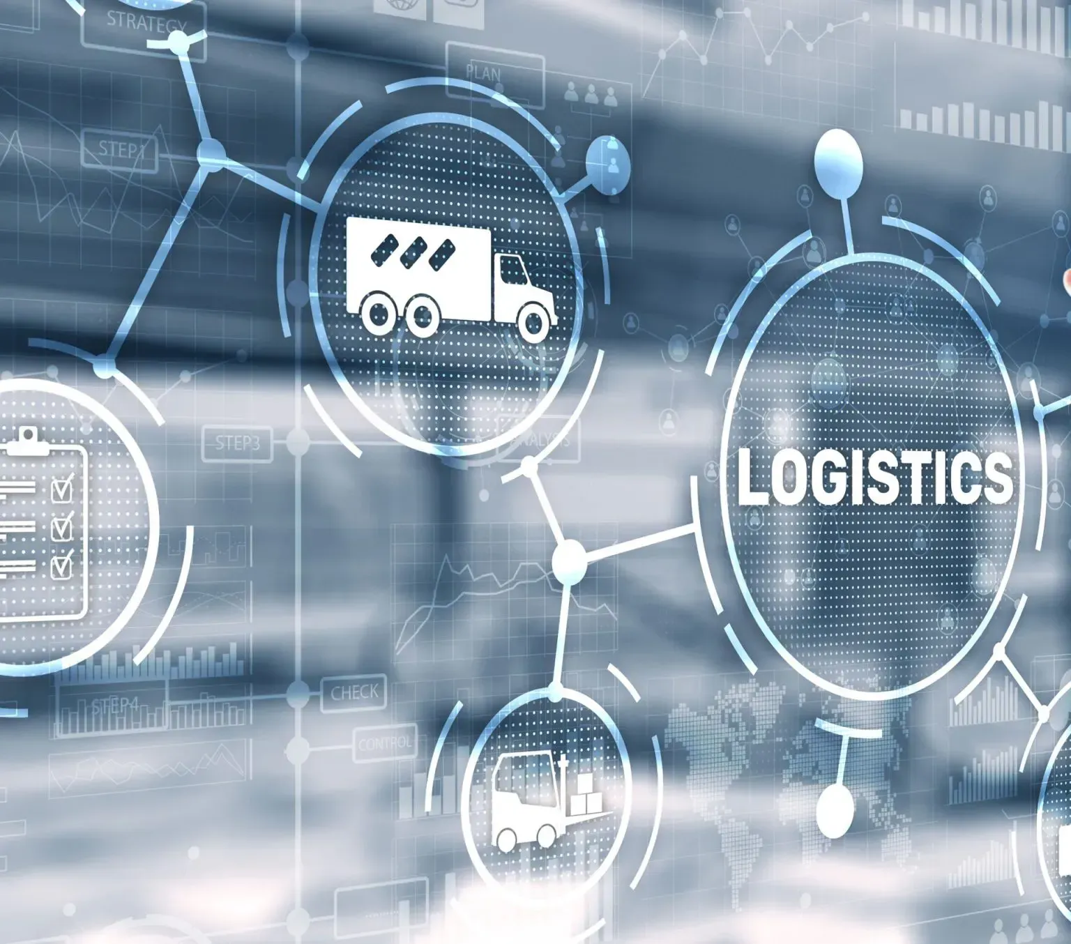 Digital logistics network graphic with a delivery truck and “LOGISTICS” text on a blue interface background