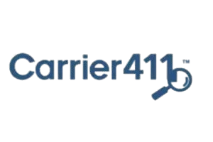 Carrier411 logo with blue text and magnifying glass icon