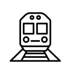 Black train front icon on tracks, simple line art