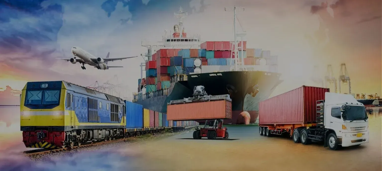 Cargo logistics scene with truck, train, airplane, and containers at a shipping yard