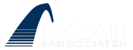 Blue stylized arch logo with faint white company text on a light background