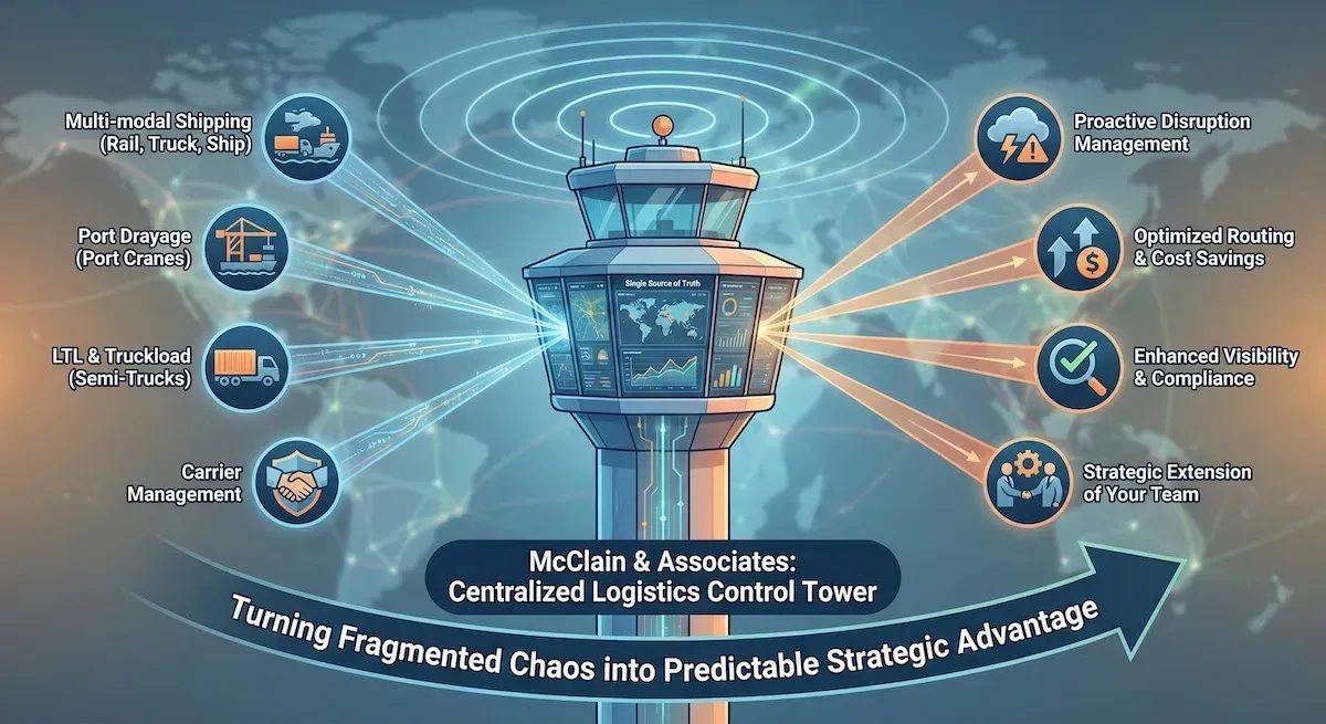 Futuristic air-traffic control tower infographic with blue and orange network icons and labels around it