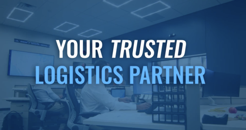 Blue-toned office scene with bold text: “YOUR TRUSTED LOGISTICS PARTNER”