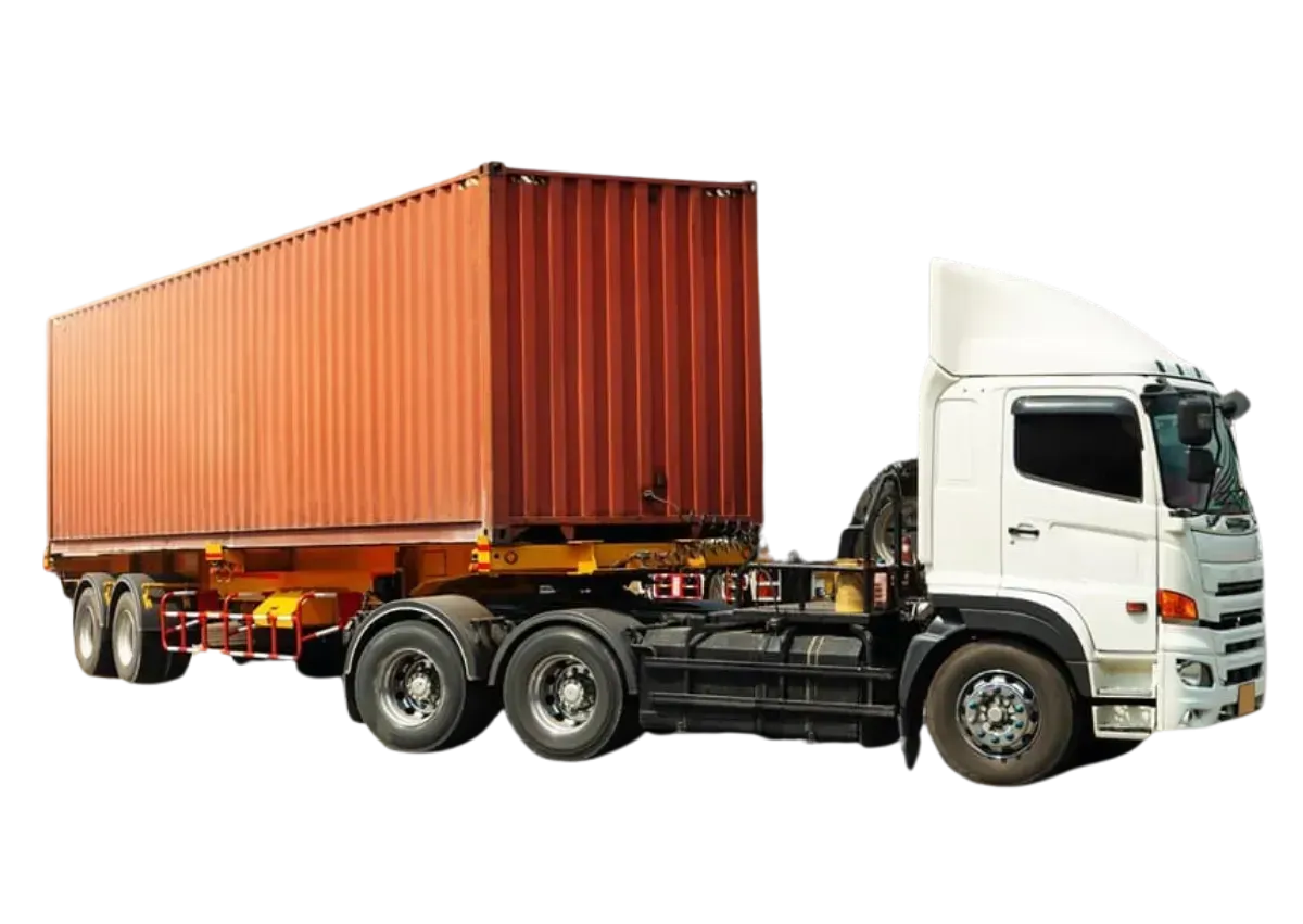 White semi-truck hauling an orange shipping container on a trailer against a white background