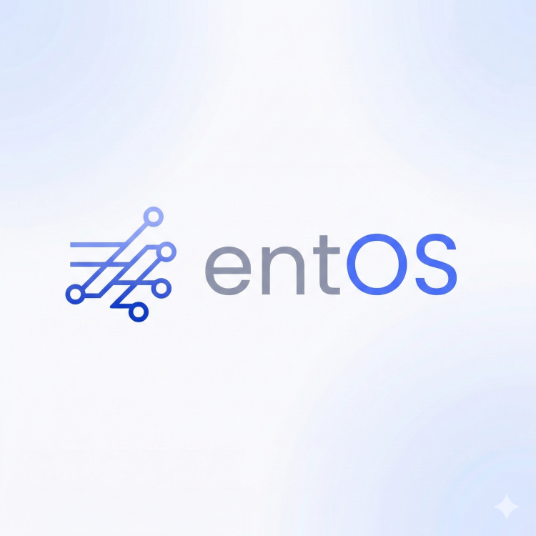 EntOS logo on a white background with blue circuit-style icon and gray-blue text