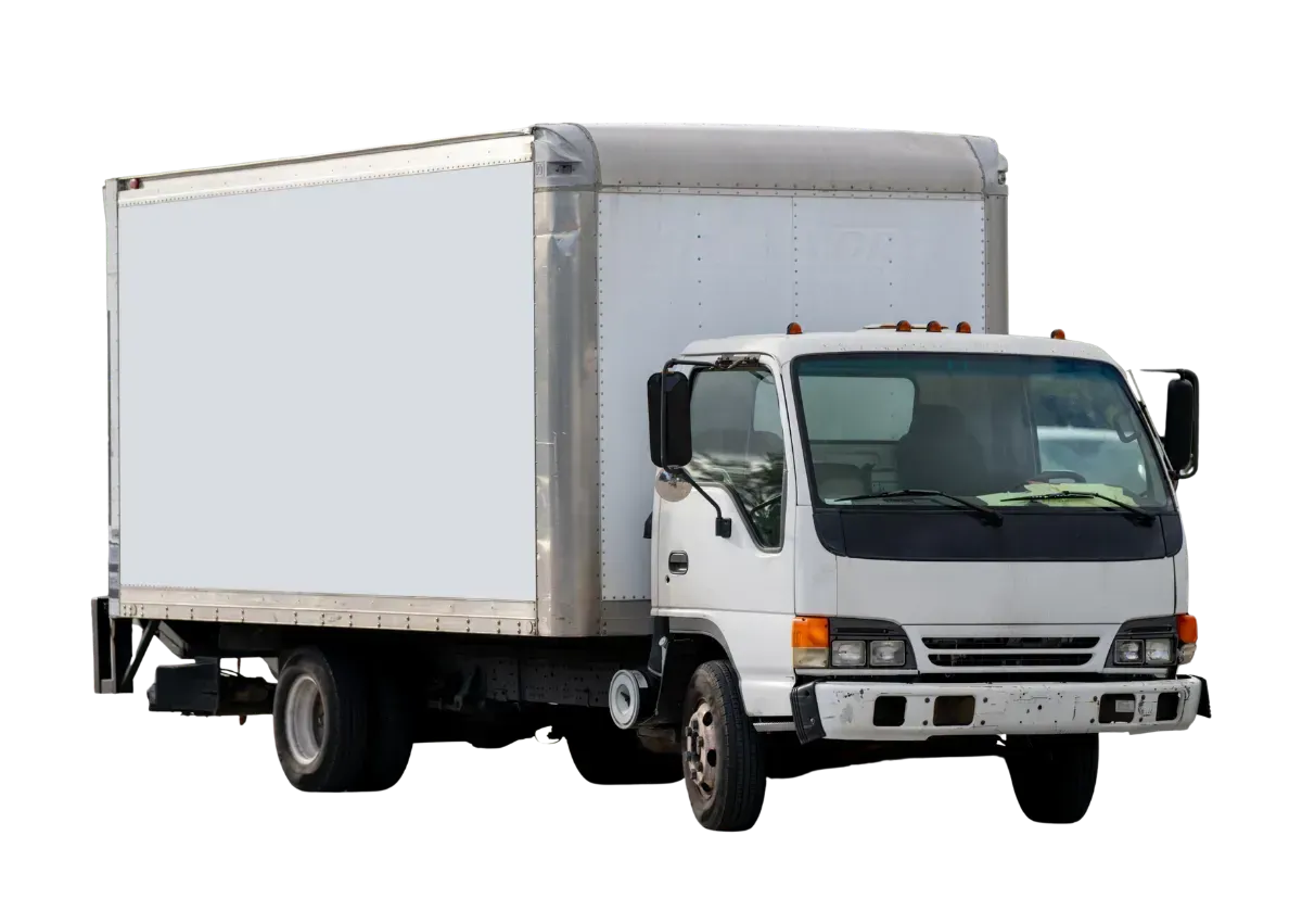 White box truck with cab on a plain background