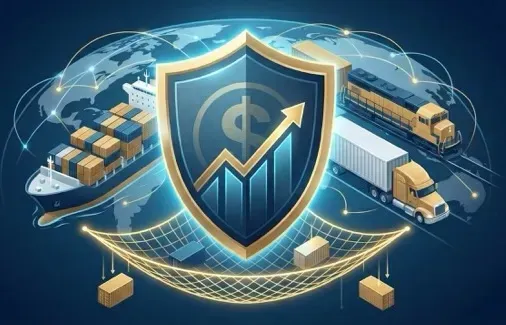 Blue shield with rising arrow over globe and shipping trucks, symbolizing secure global trade and growth