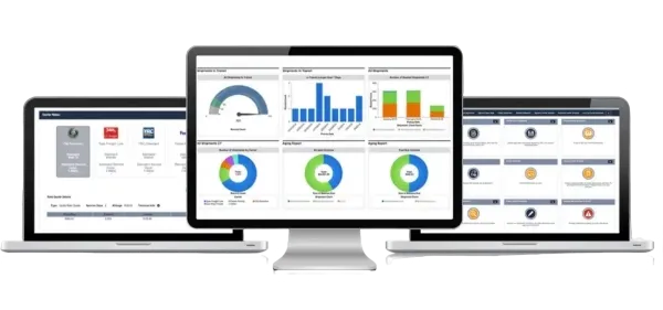 Three laptop screens showing analytics dashboards with charts, graphs, and widgets