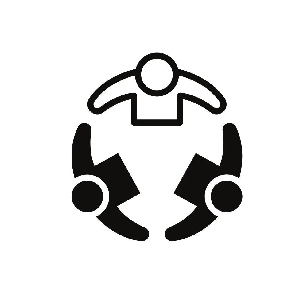 Three stylized people in a circular team icon, black and white