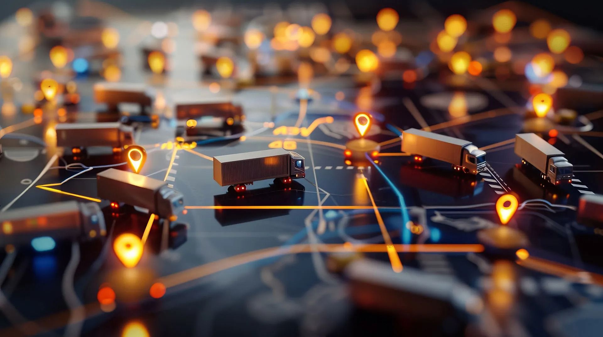 Futuristic city network map with glowing orange location pins and connected nodes