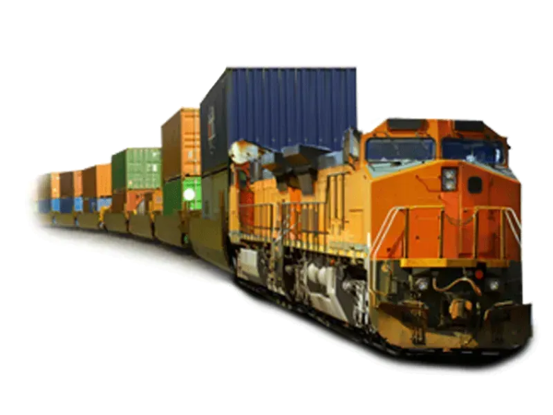 Orange freight train pulling colorful shipping containers on a white background