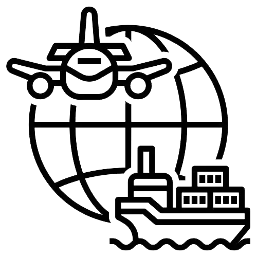 Black line icon of airplane over globe and cargo ship, symbolizing international travel and shipping.