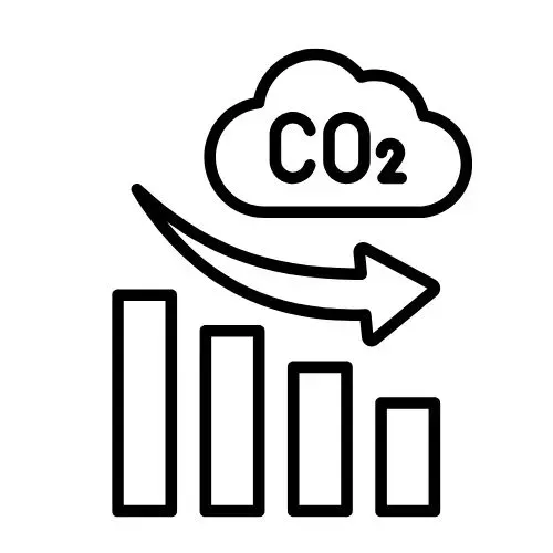 CO2 cloud above falling bar chart with a downward arrow, symbolizing reduced emissions