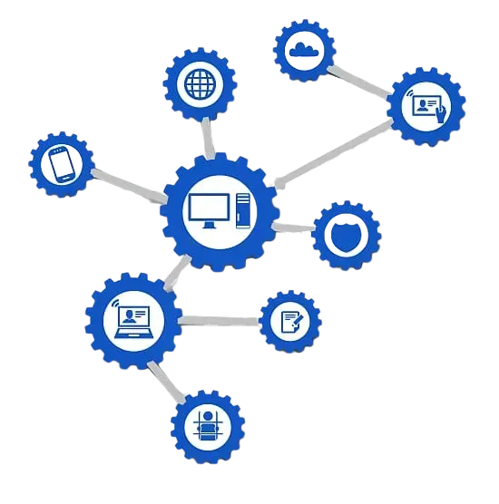 Blue gear network diagram with connected tech icons around a central computer monitor icon