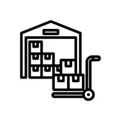 Warehouse with stacked boxes and a hand truck icon in black outline