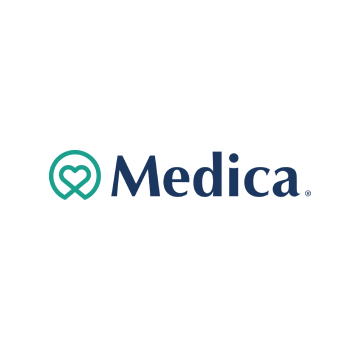 Medica logo with teal heart icon and navy text on white background