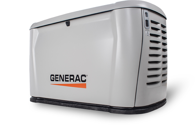 White Generac standby generator with gray vents and orange logo, shown on a plain background