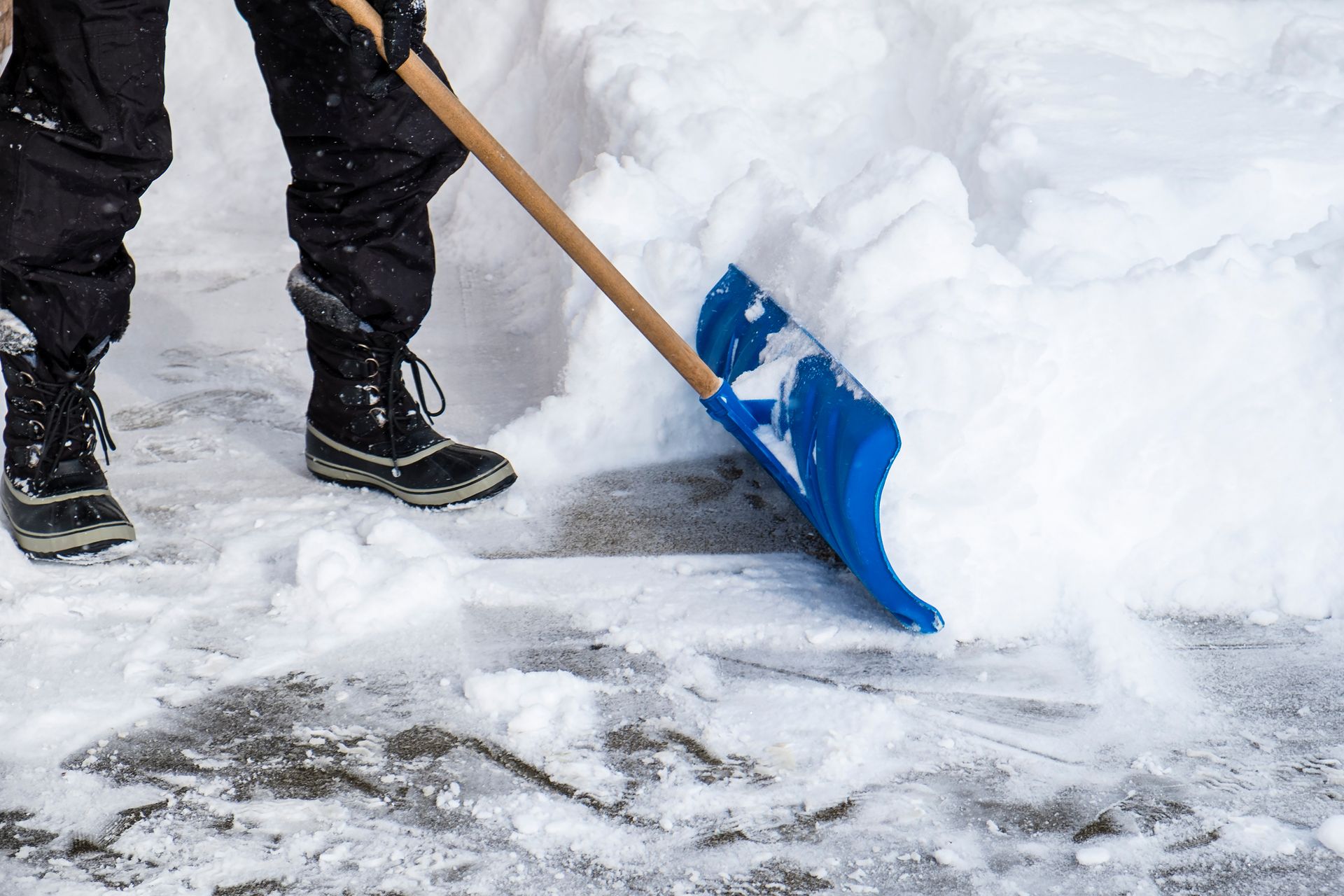 Person shoveling snow from a driveway, using a blue shovel.