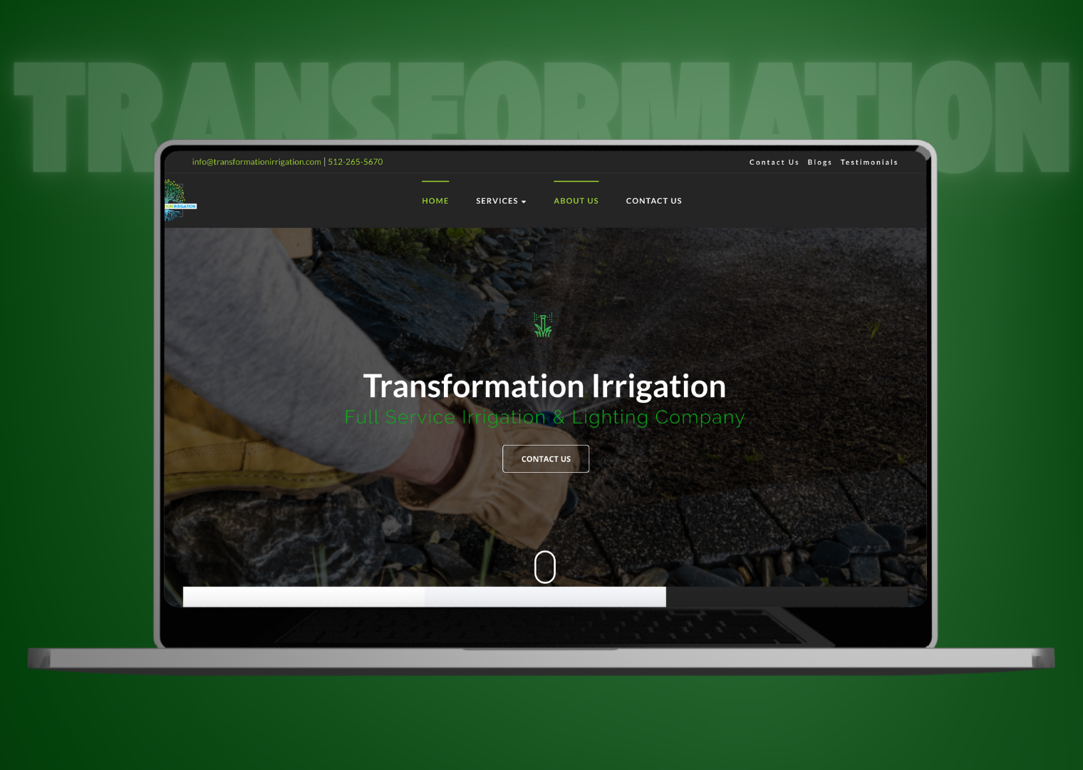 A laptop is open to a page that says transformation irrigation