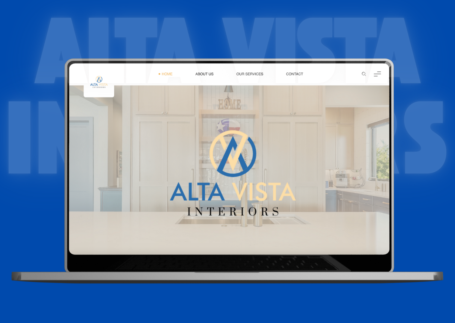 A laptop computer is open to a website for alta vista interiors.