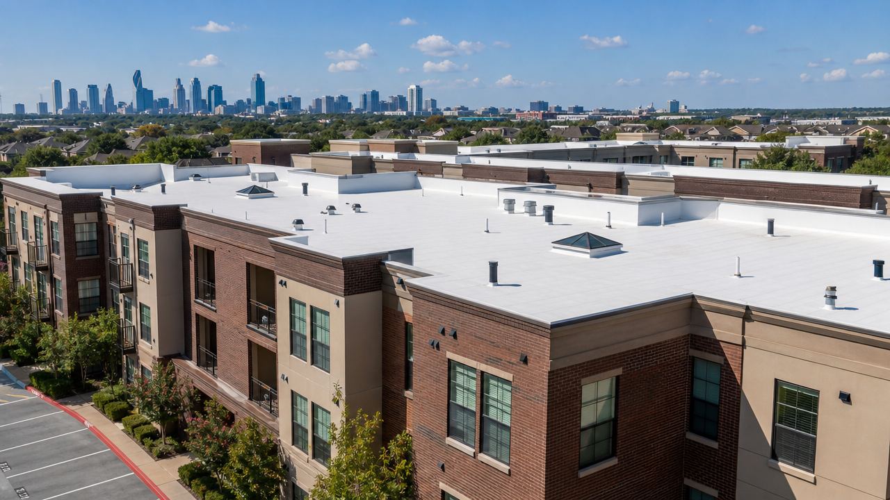 Aerial view of a modern brick apartment complex with white roofs in a city neighborhood.
