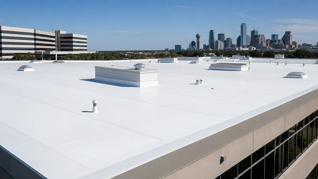 White commercial rooftop with HVAC units, overlooking a city skyline on a clear day