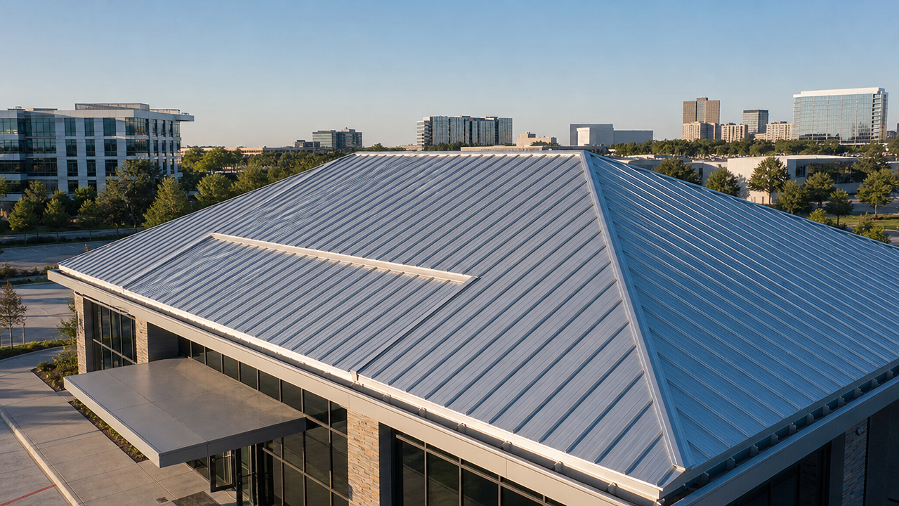 Aerial view of a large metal-roofed building with city buildings and trees in the background.