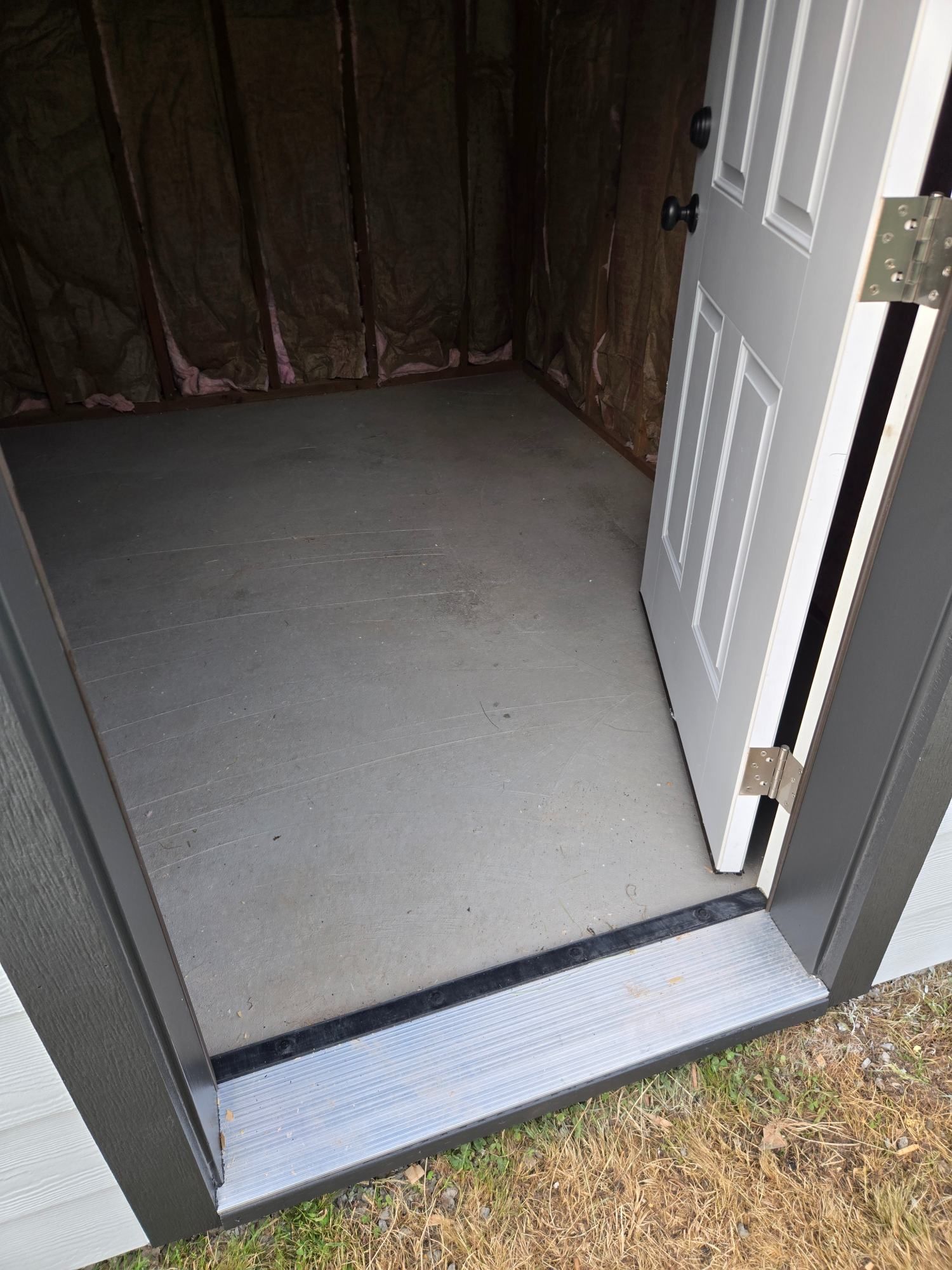 Open front doorway with threshold ramp into a carpeted room