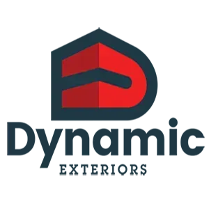 Dynamic Exteriors logo with dark blue and red stylized D icon and text