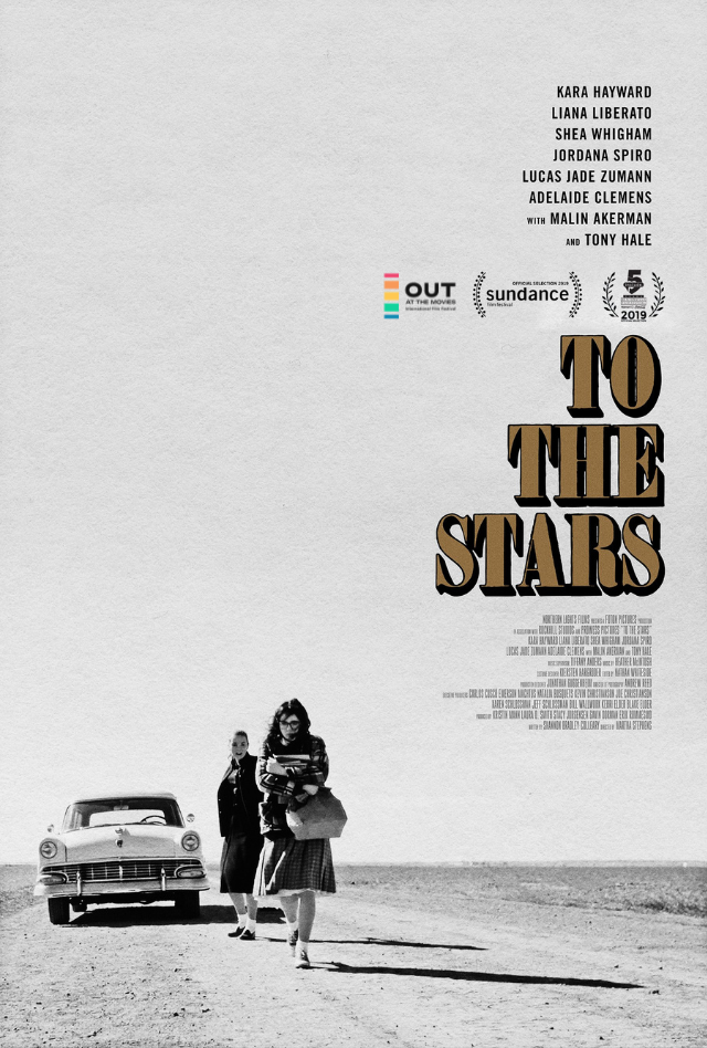 Black-and-white poster with title “TO THE STARS,” showing two people walking beside a car on a road.