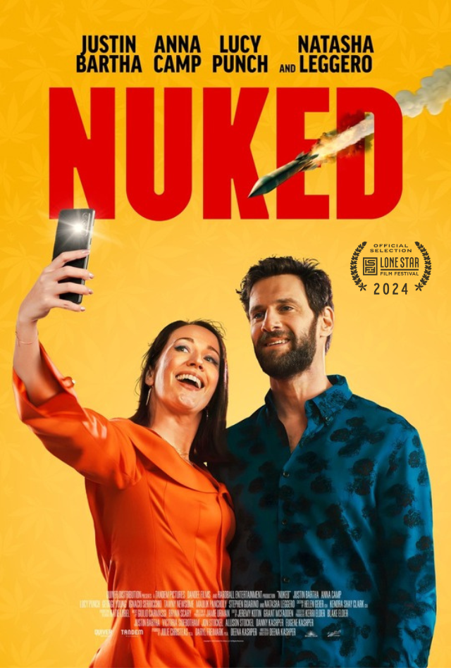 Two smiling people posing beneath the title “NUKED” on a bright yellow movie poster