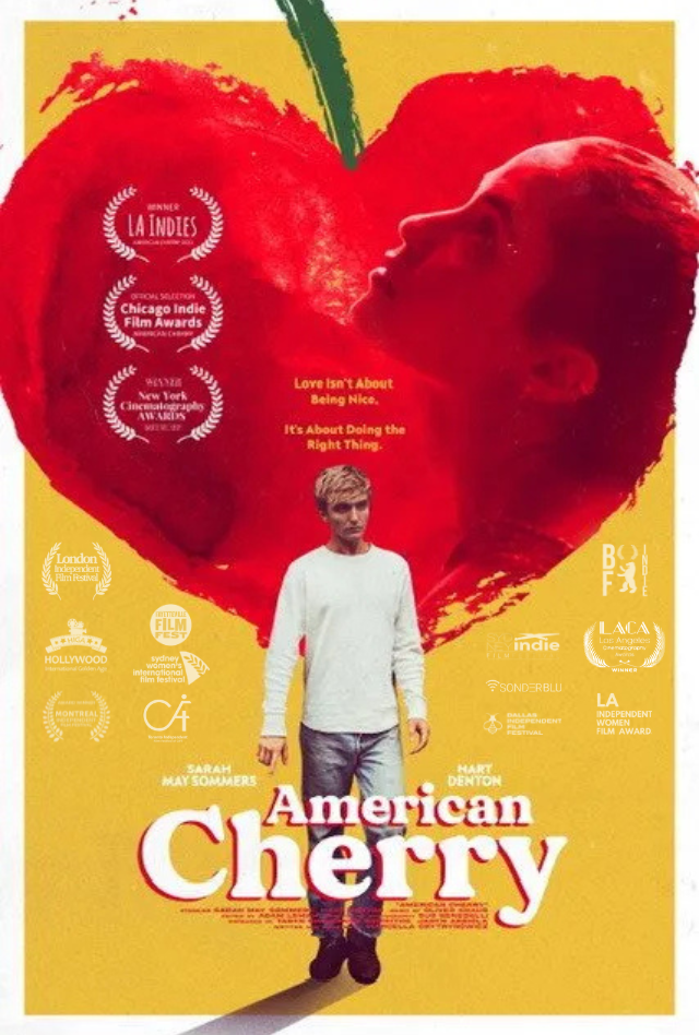Movie poster for American Cherry: a man stands before a red heart on a yellow background.