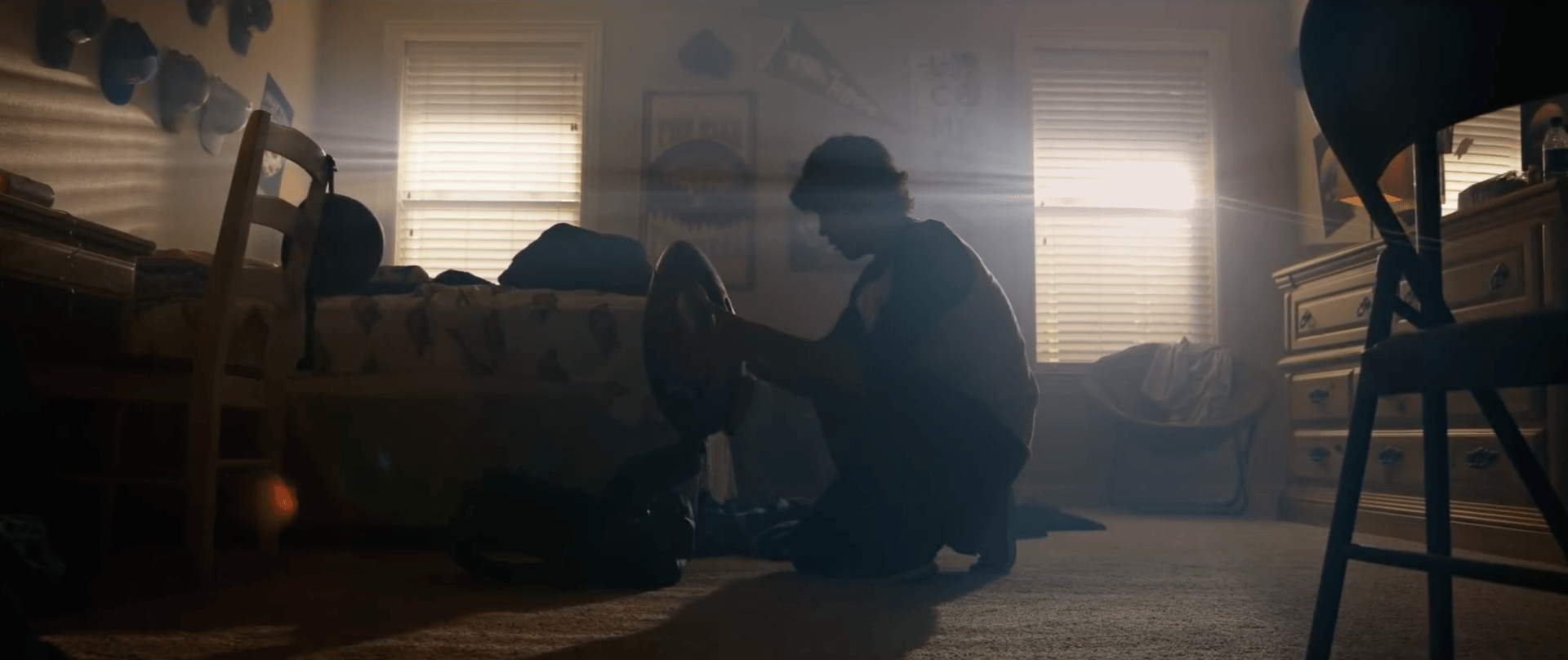 Person kneels beside a bed in a dim bedroom, comforting a seated dog near the window.